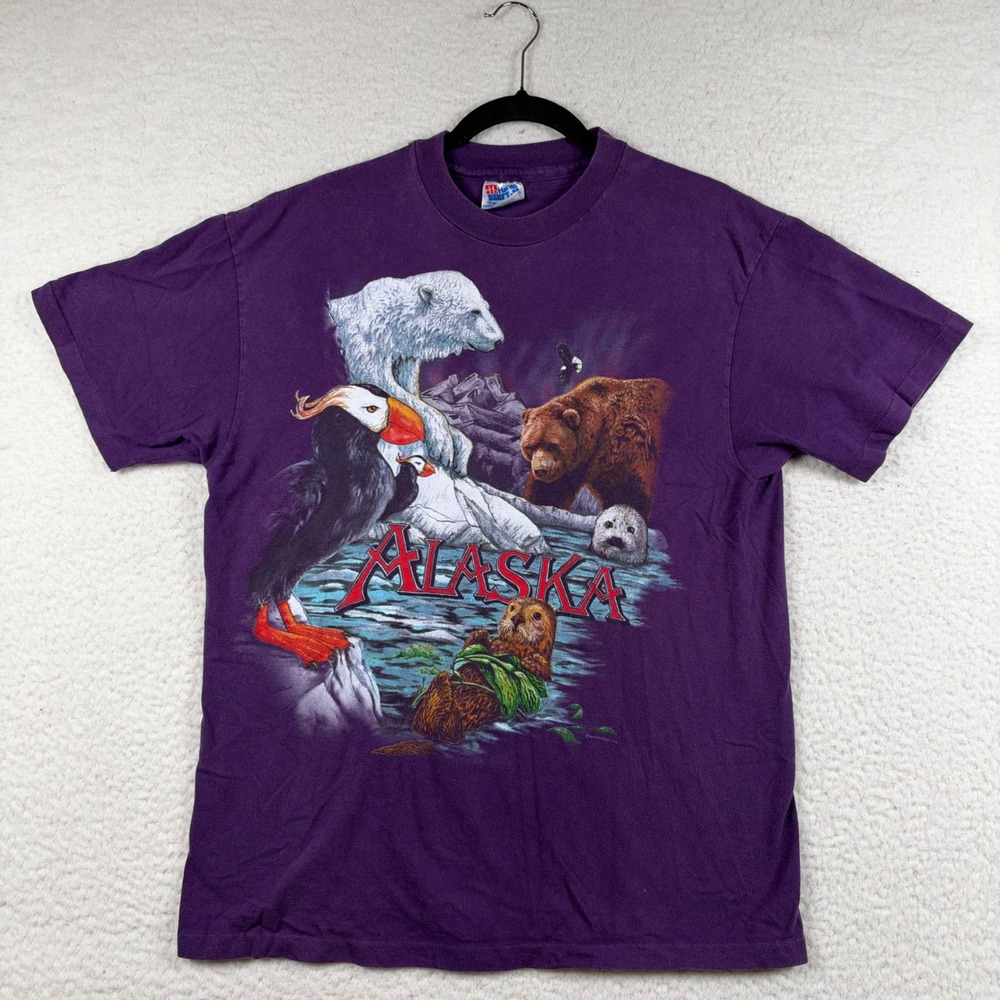 Vtg 90s Alaska Wildlife Graphic T-Shirt L Purple Polar Bear Puffin Hanes Retro